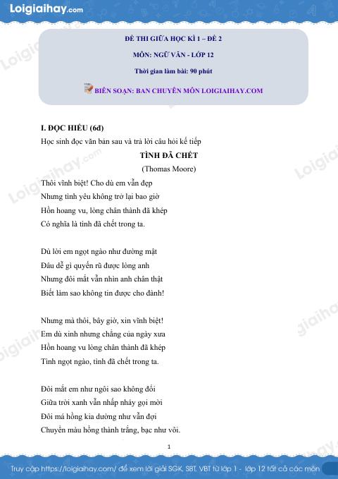 Đề thi giữa kì 1 Văn 12 Chân trời sáng tạo - Đề số 2